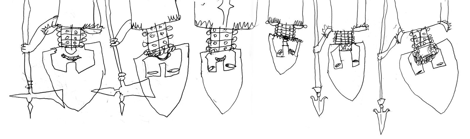 Hand-drawn row of upside-down knights with shields and spears